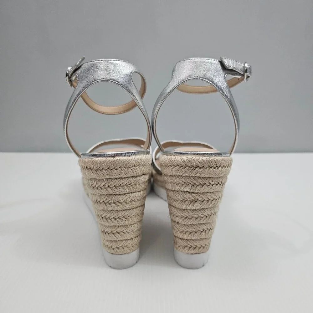 Stuart Weitzman Catalina Espadrille Wedge Sandal Size 10 Silver Leather Platform - Picture 10 of 16